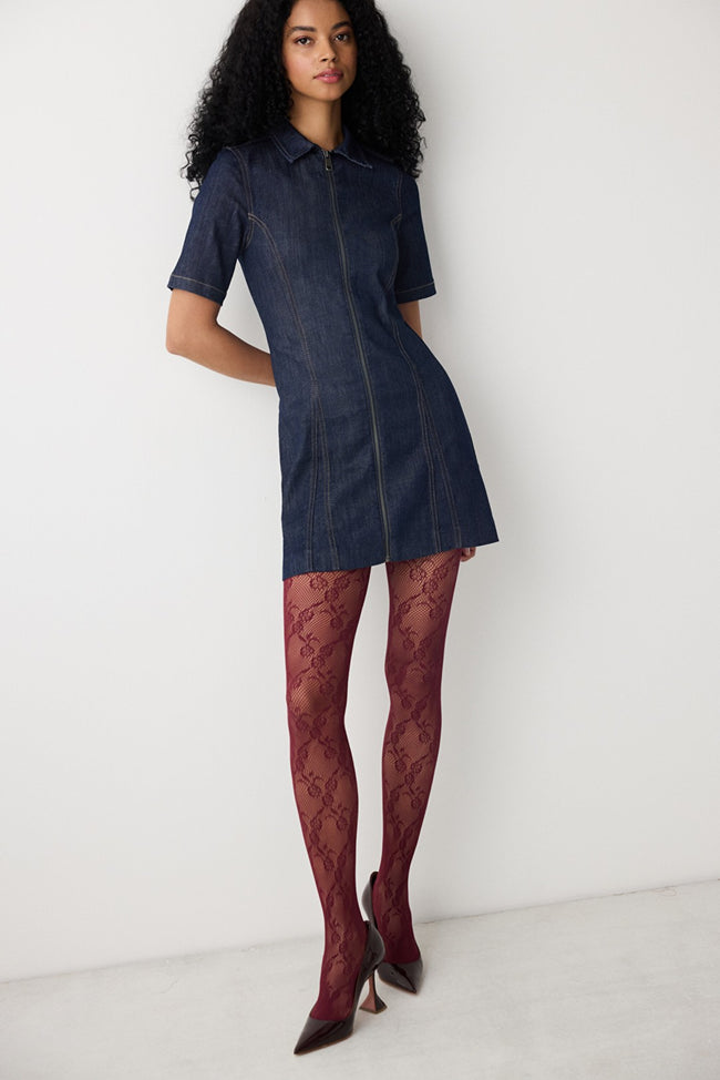 Floral Fishnet Burgundy Tights Main Image