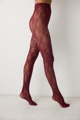 Floral Fishnet Burgundy Tights