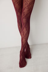 Floral Fishnet Burgundy Tights
