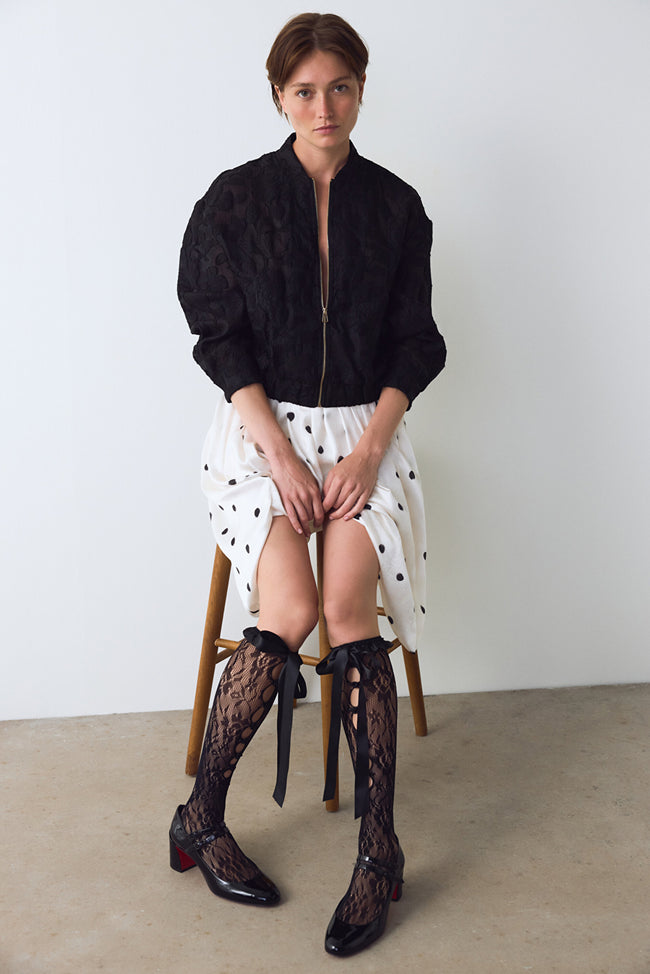 Black Mesh Tights with Rose Pattern and Bow Detail Main Image