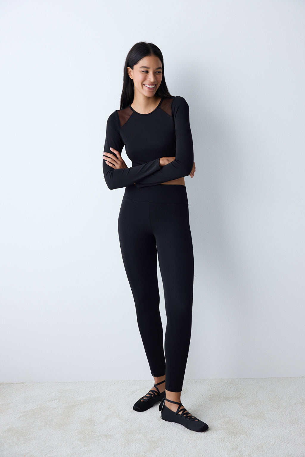 Black Tulle Detailed Long Sleeve Top