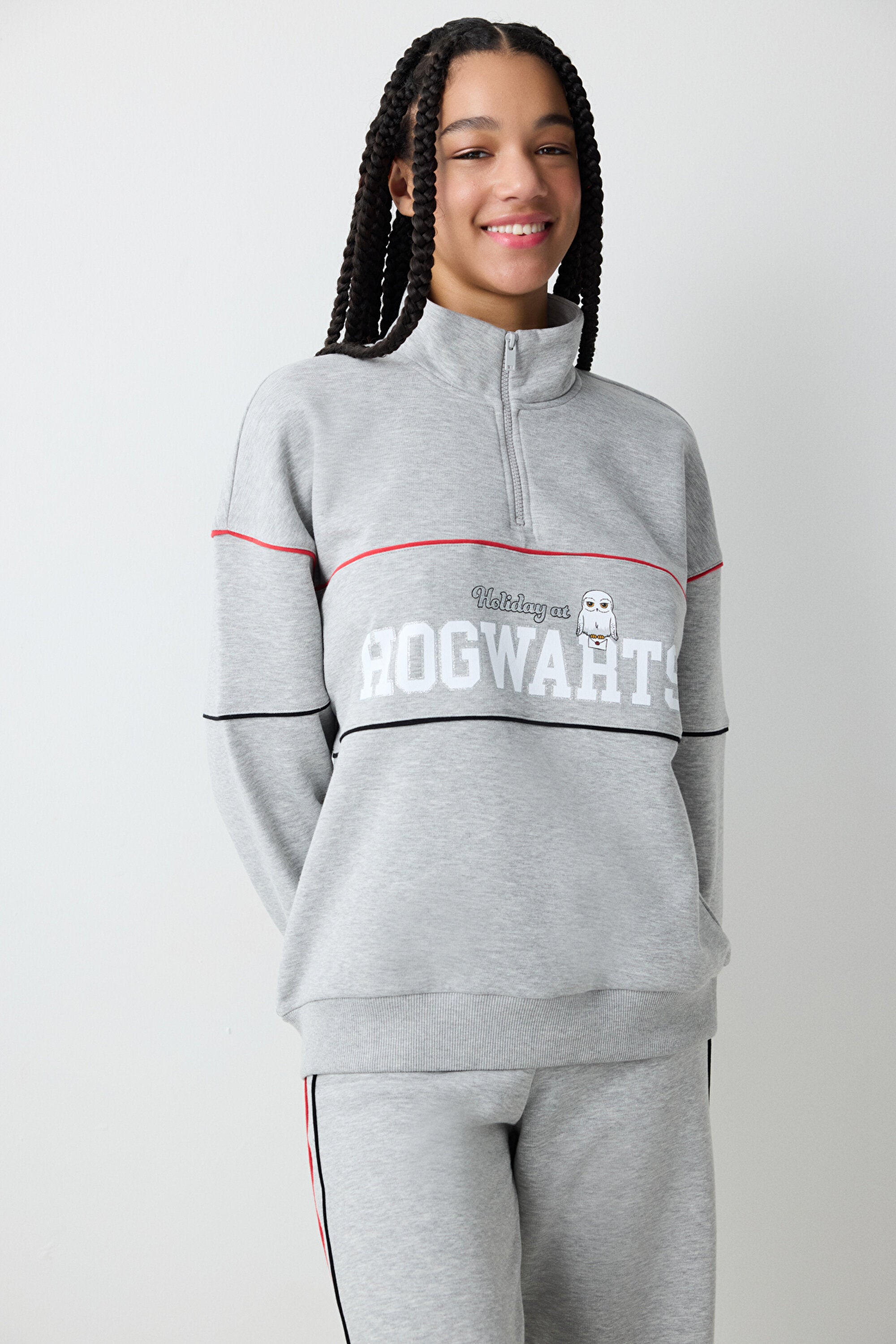Grey Melange Half Zipper Harry Potter Printed Sweatshirt