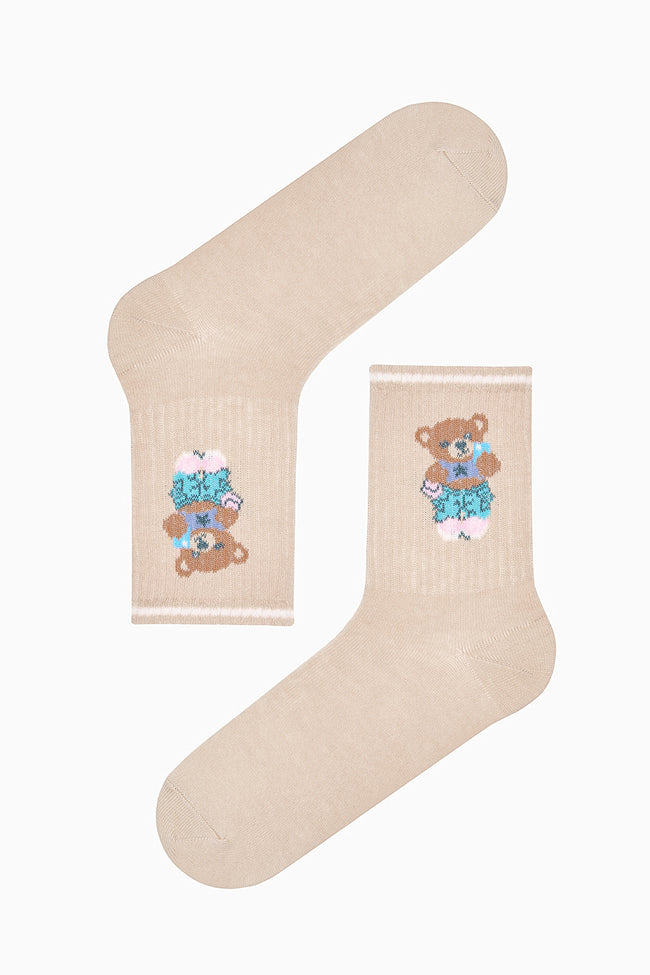 Cotton Teddy Bear Patterned College Tennis Ankle Socks Hover Image