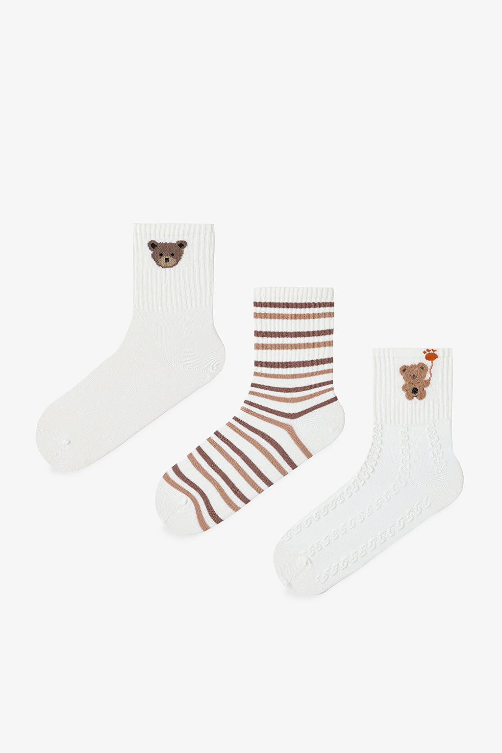 3 Pairs of Cotton Self-Patterned Teddy Bear Socks