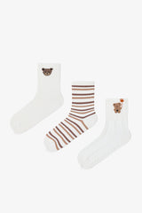 3 Pairs of Cotton Self-Patterned Teddy Bear Socks