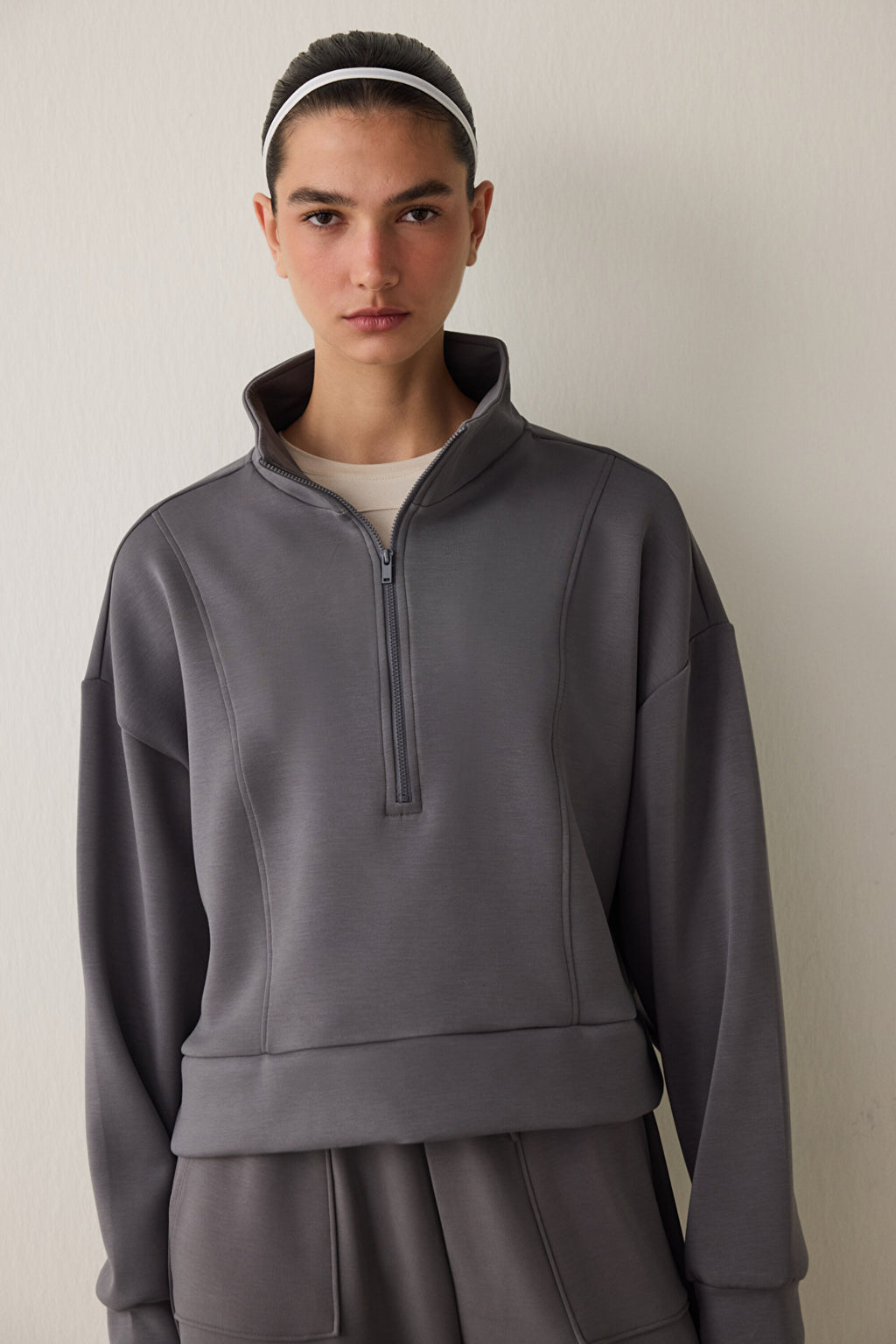 Gray Modal Stand-Up Zipper Collar Sweatshirt