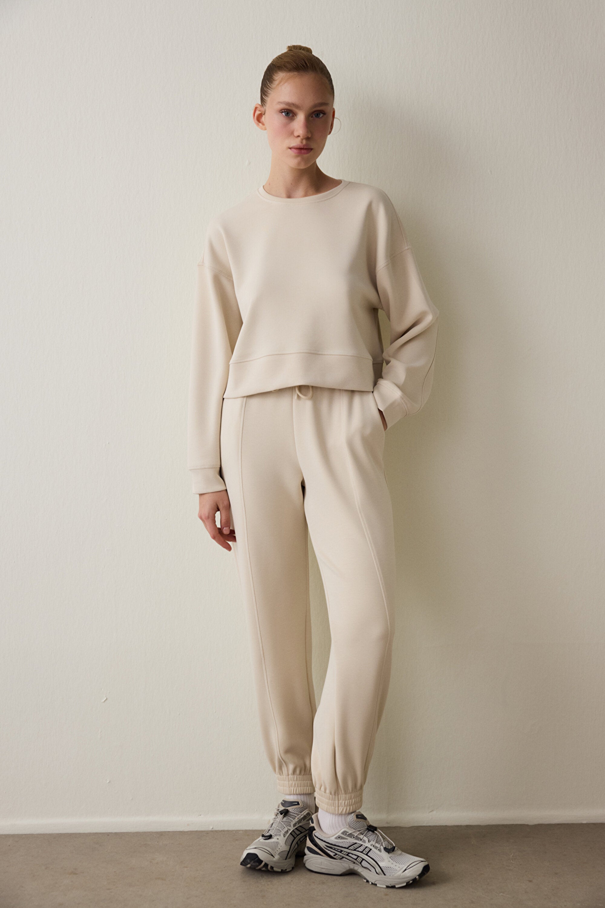 Beige Modal Raised Jogger Sweatpants