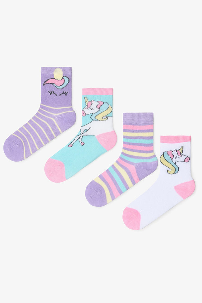 Girls Rainbow Unicorn Patterned 4-Pack Cotton Ankle Socks Hover Image