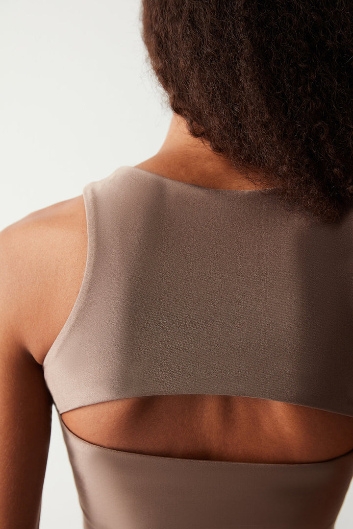 Brown Cut Out Back Detailed Crop Top