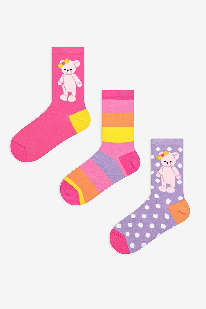 Girls Bear Love 3-Pack Multicolored Ankle Socks