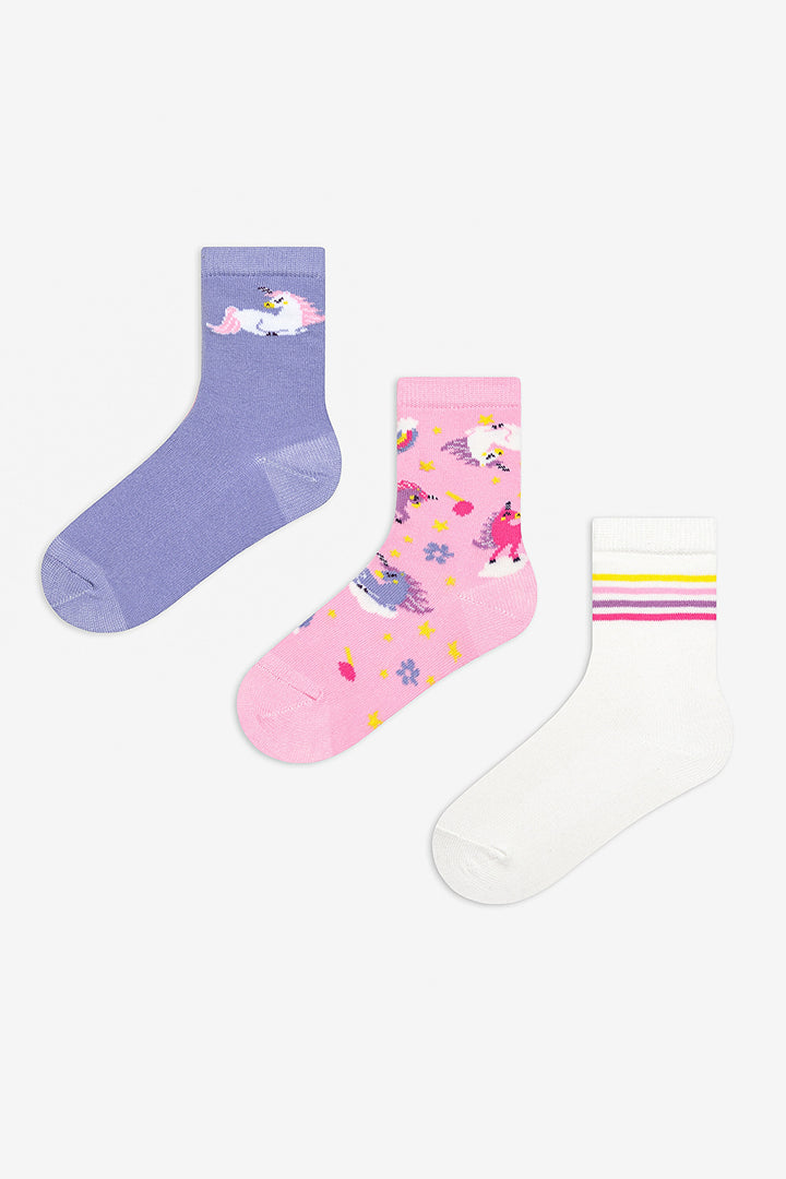 Girls Blue Unicorn 3-Pack Multicolored Ankle Socks