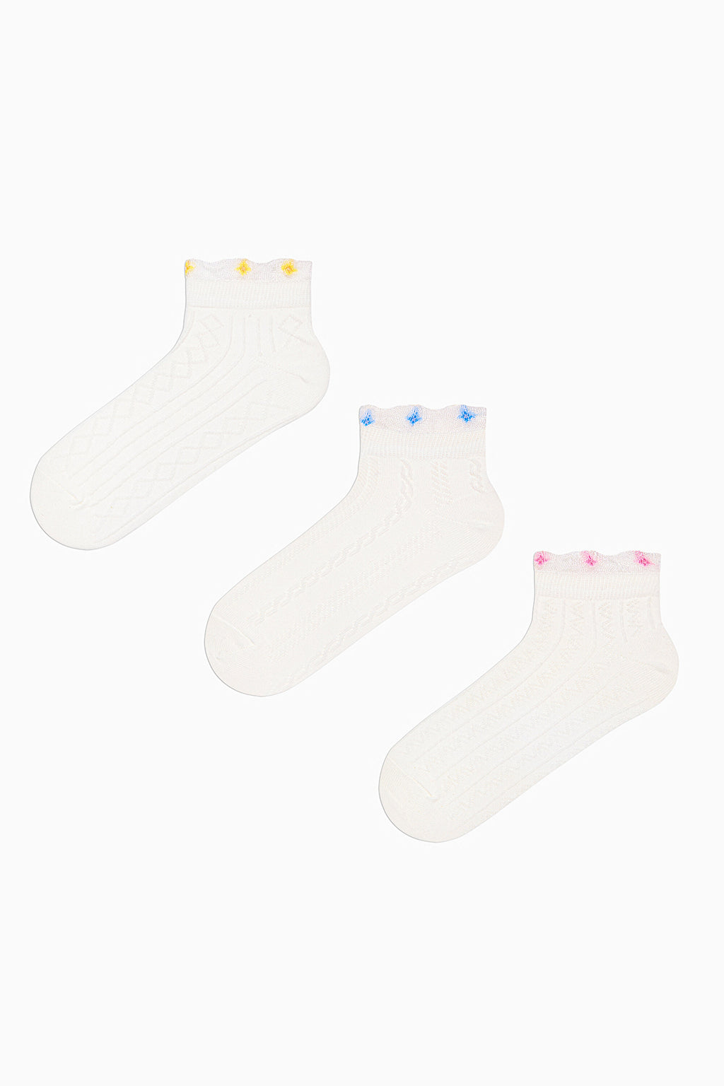 3 Pairs of Cotton Ankle Tulle Detailed Patterned Toe Seamless Ankle Socks