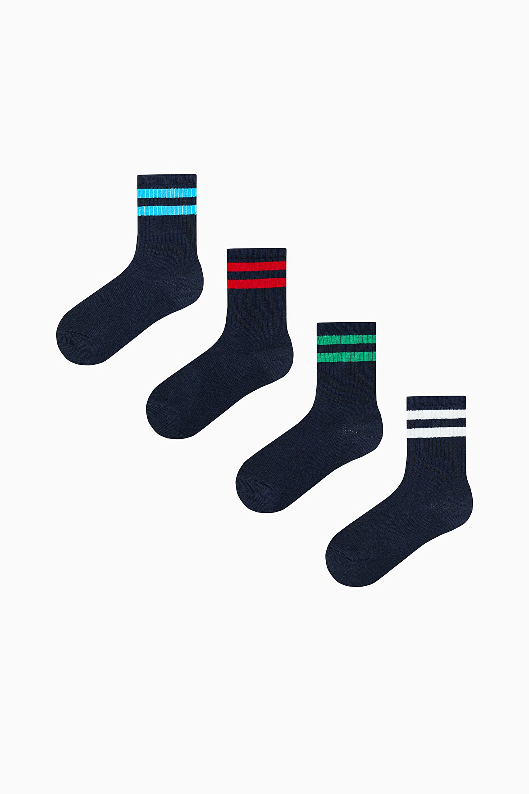 Boy Double Stripe Navy Blue 4-Pack Ankle Socks