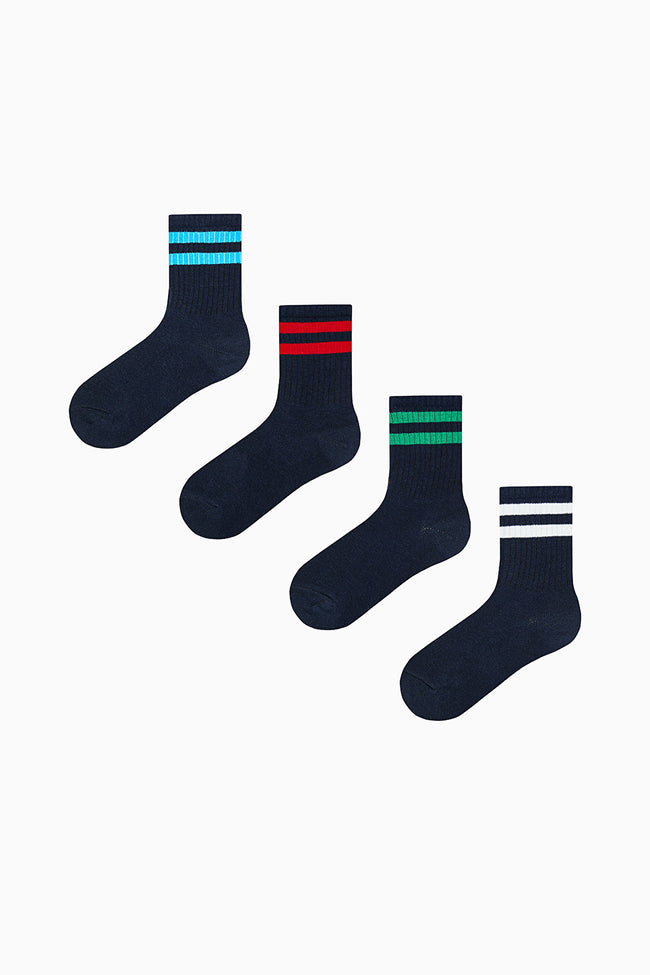 Boy Double Stripe Navy Blue 4-Pack Ankle Socks Hover Image