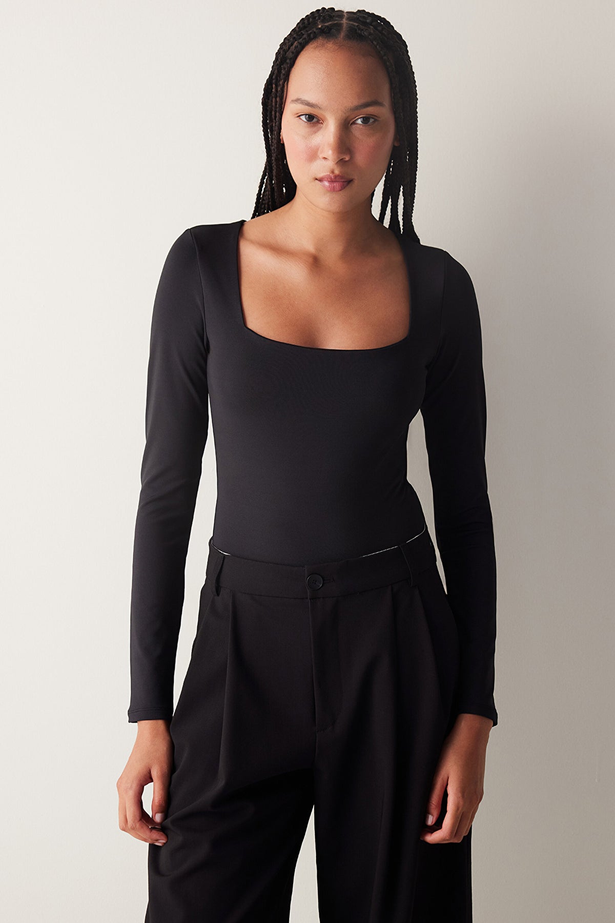 Black Square Neck Long Sleeve Slim Fit Bodysuit