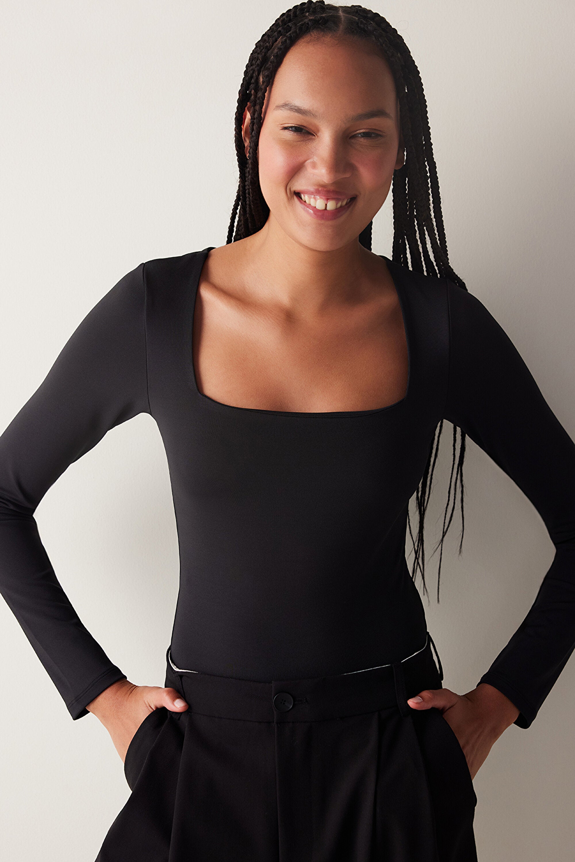 Black Square Neck Long Sleeve Slim Fit Bodysuit