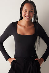 Black Square Neck Long Sleeve Slim Fit Bodysuit
