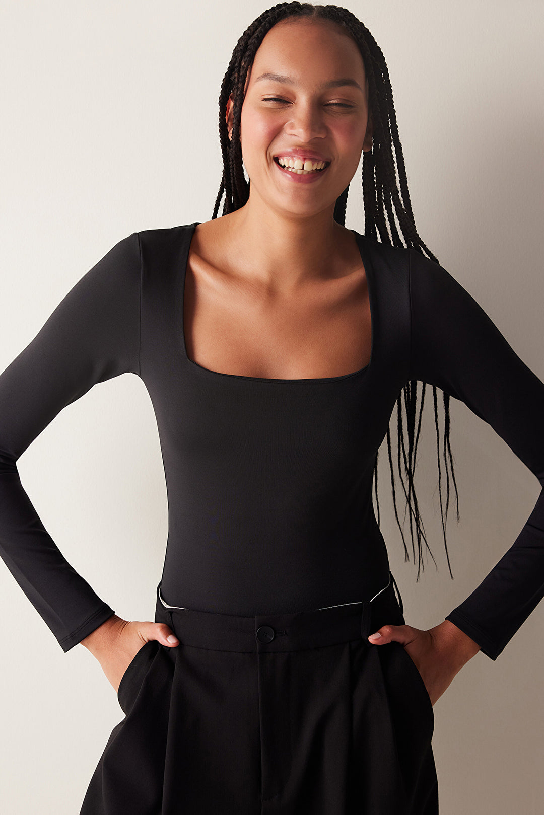 Black Square Neck Long Sleeve Slim Fit Bodysuit