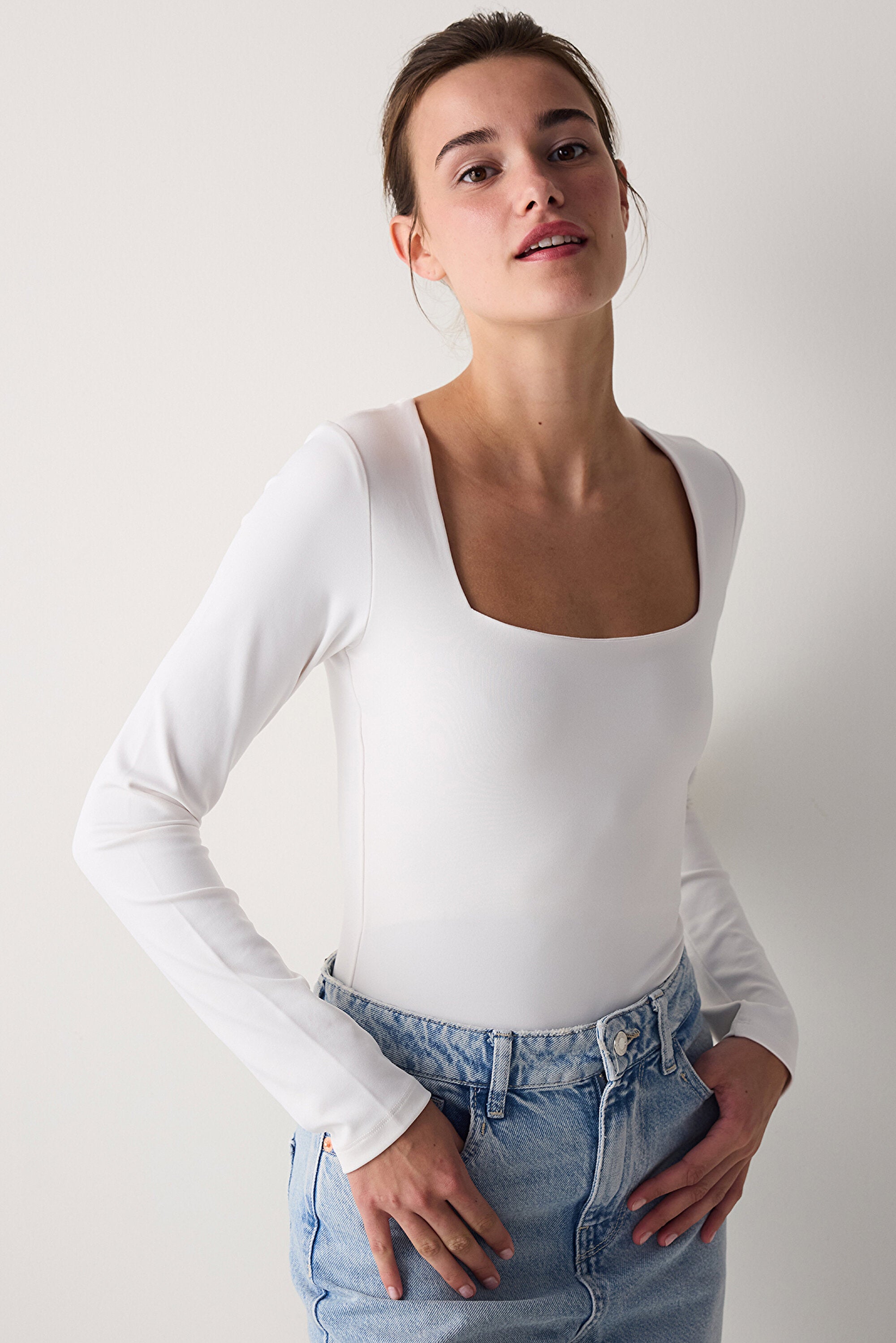 Black Square Neck Long Sleeve Slim Fit Bodysuit