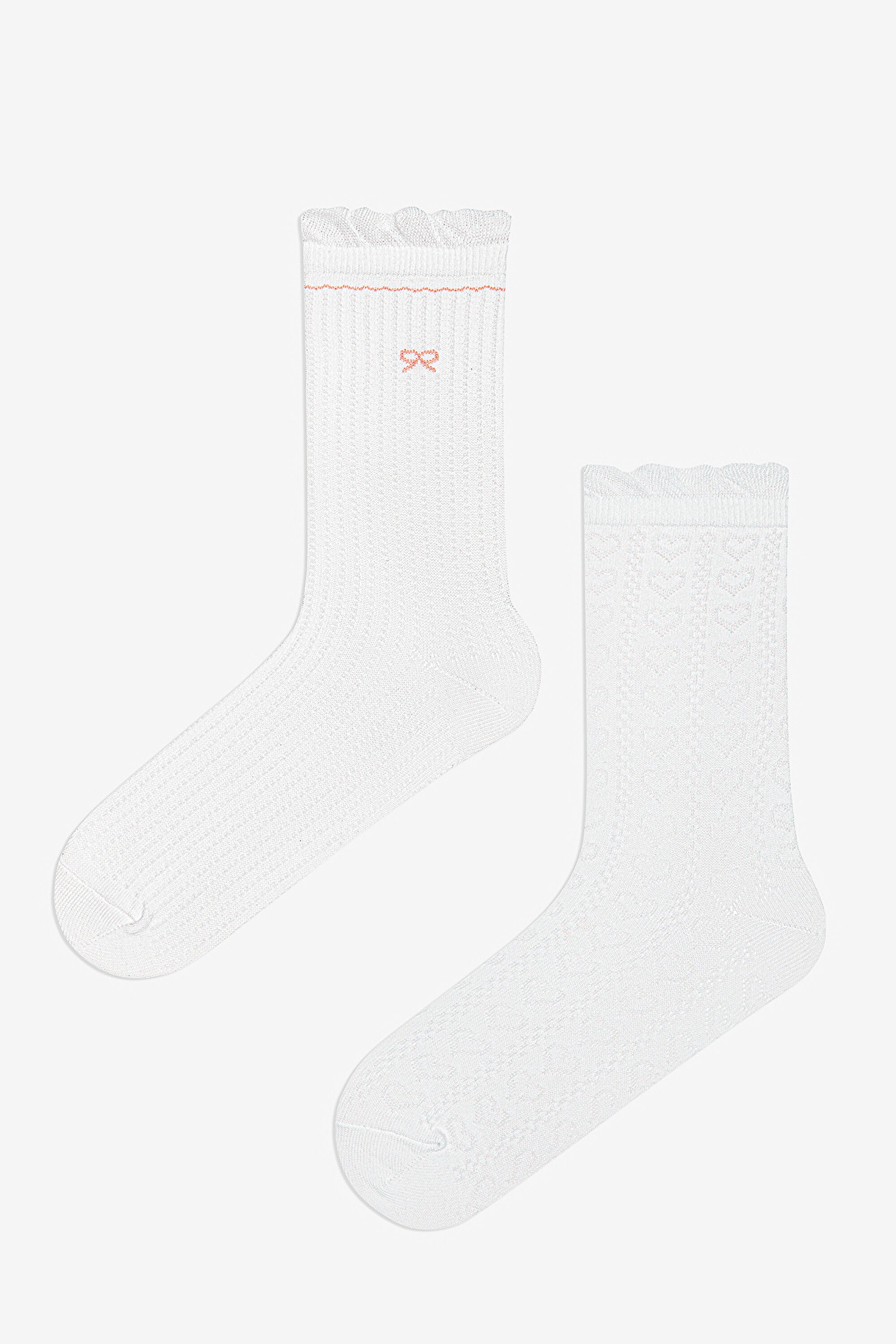 2 Pairs of Cotton Ribbon Patterned Ruffle Ankle Socks