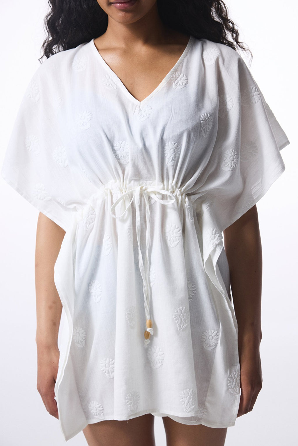 Off-White Tilda Tie Detailed V-Neck Mini Kaftan