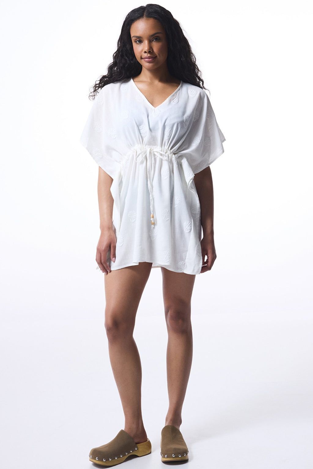 Off-White Tilda Tie Detailed V-Neck Mini Kaftan