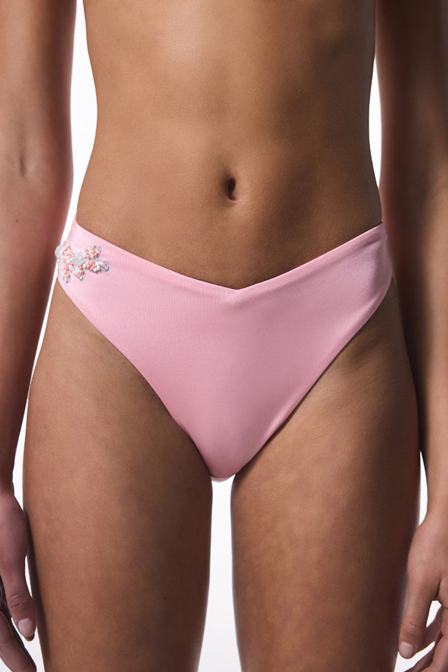 Pink Beaded Detailed V Cut Bikini Bottom - Gamze Erçel Collection Hover Image