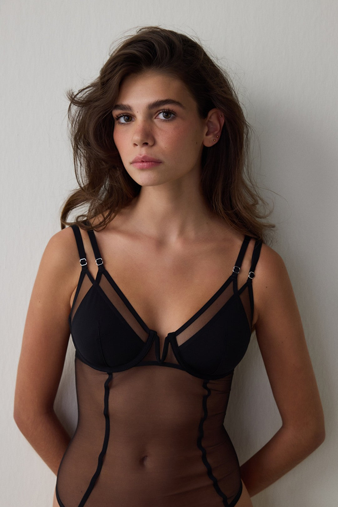 Black Adjustable Strap Underwired Tulle Bodysuit