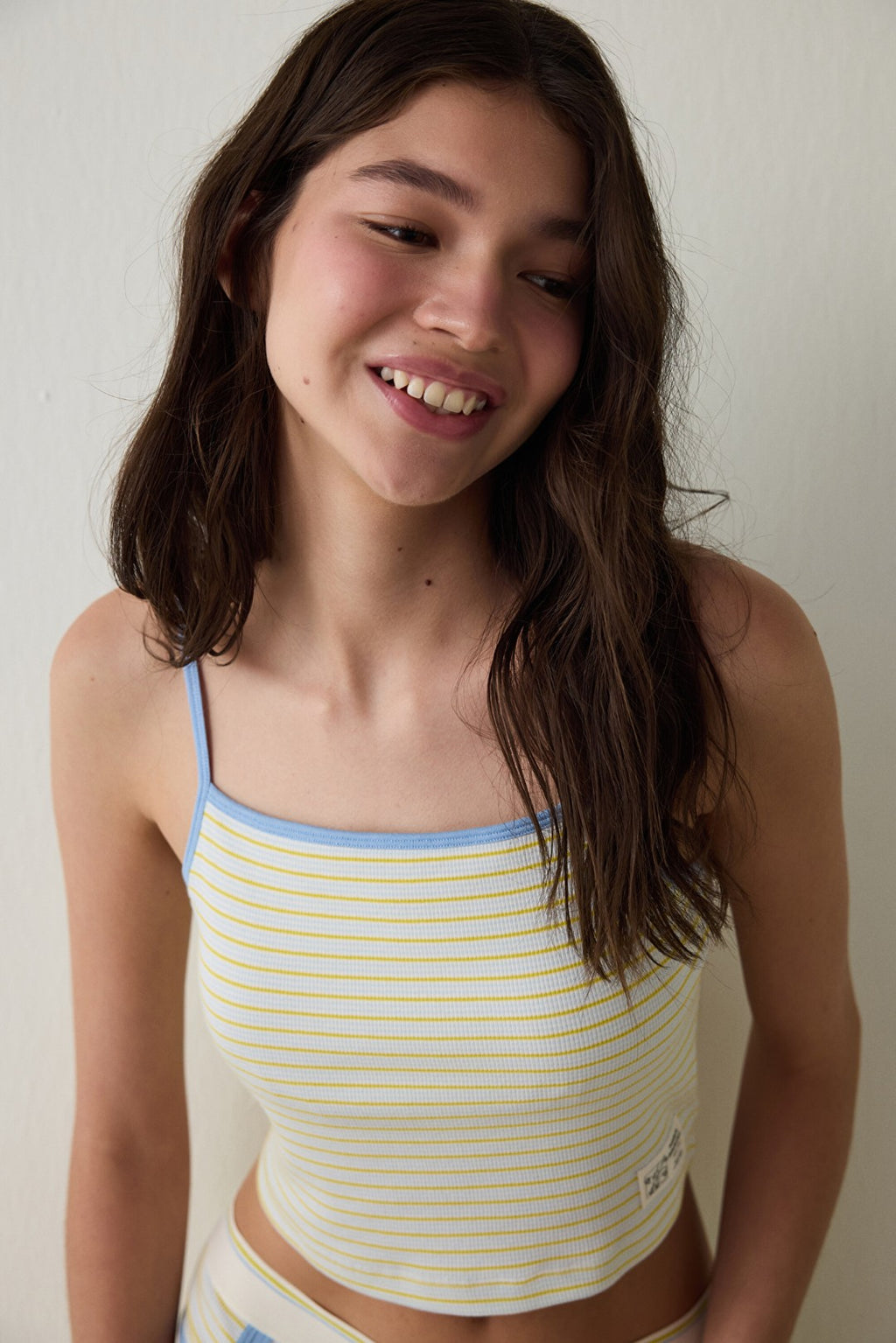 Ecru Striped Textured Square Neck Cotton Crop Tank Top with Removable Lining - Inspired by Flora
