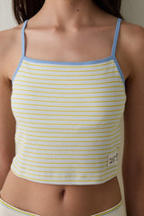 Ecru Striped Textured Square Neck Cotton Crop Tank Top with Removable Lining - Inspired by Flora