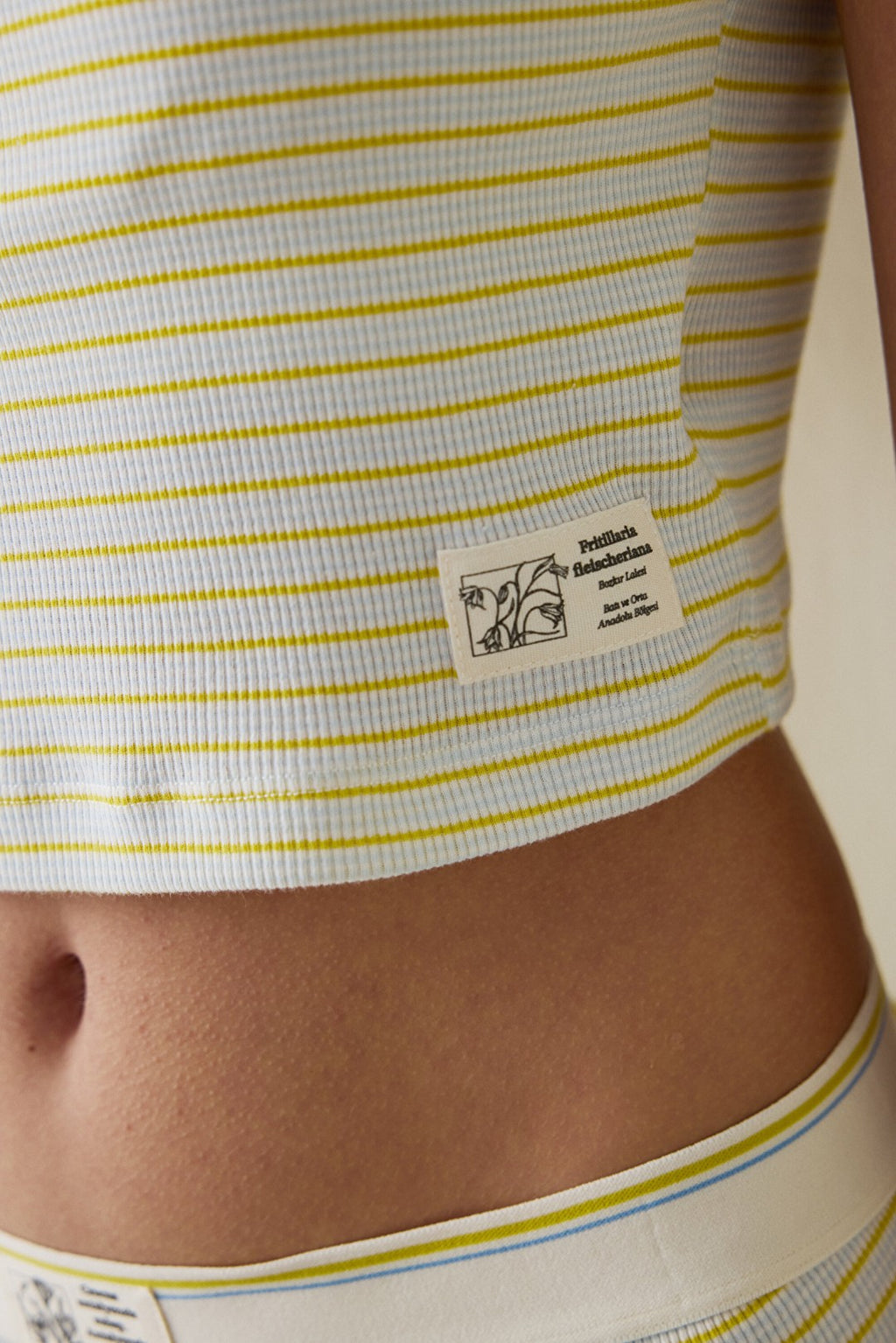 Ecru Striped Textured Square Neck Cotton Crop Tank Top with Removable Lining - Inspired by Flora