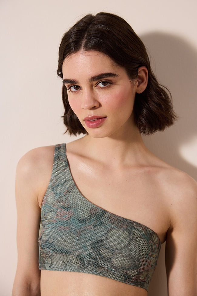 Estela One Shoulder Multicolored Bikini Top with Mesh Detail Hover Image