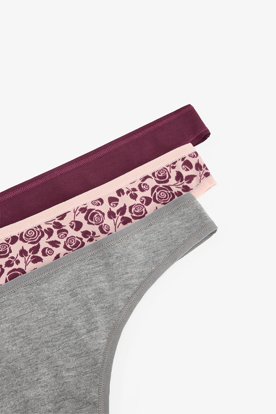 Floral Patterned Quiet Rose Normal Waist 3-Pack Cotton Thong Panties