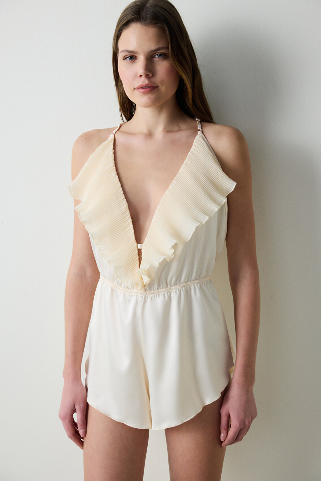 Satin Flounce Rose Teddy Cream Bodysuit