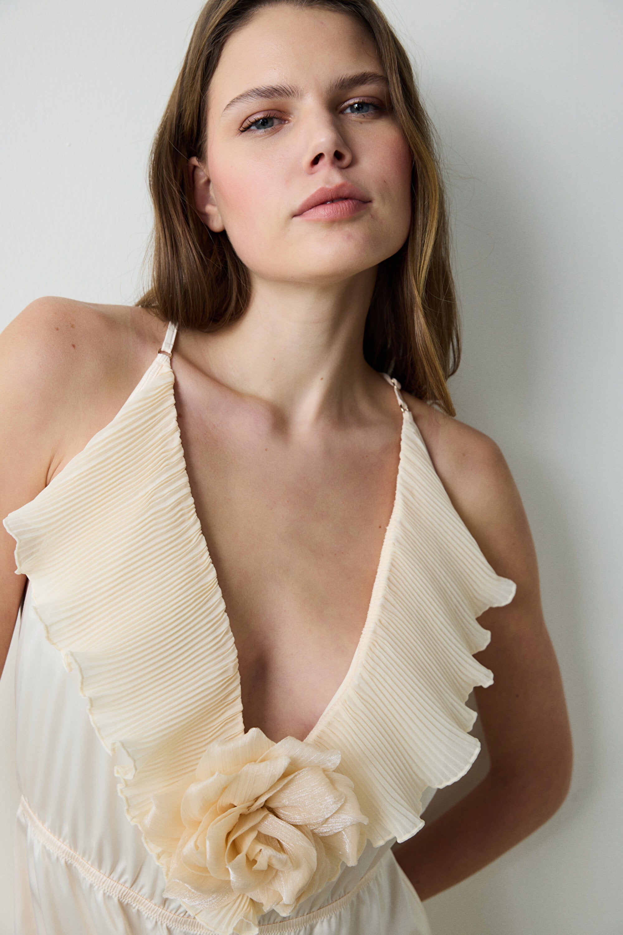 Satin Flounce Rose Teddy Cream Bodysuit