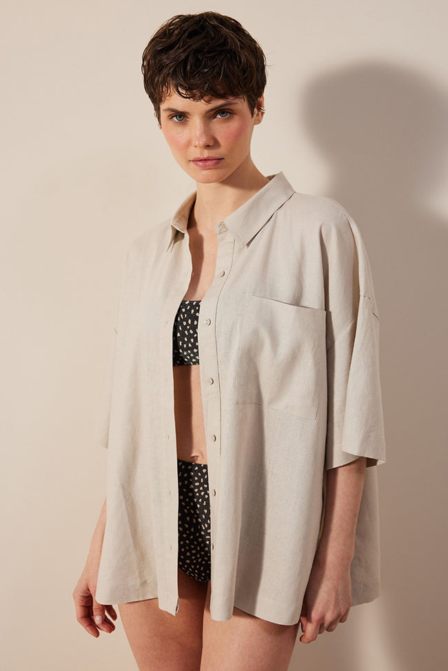 Linen Natural Stone Color Shirt Hover Image