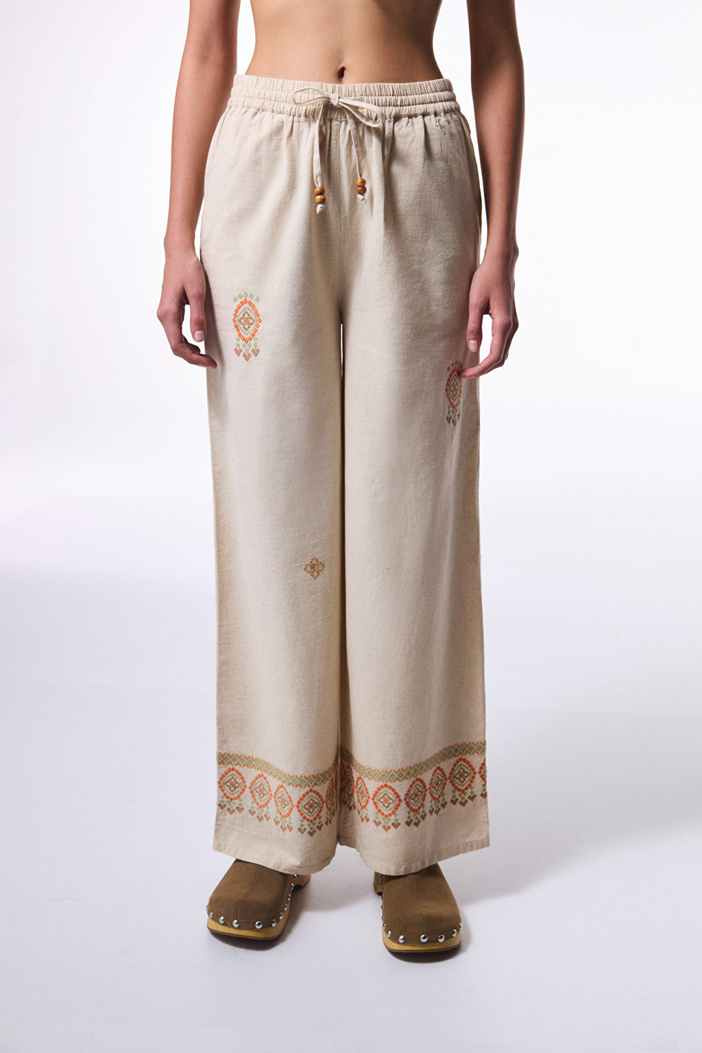 Beige Boho Linen Trousers