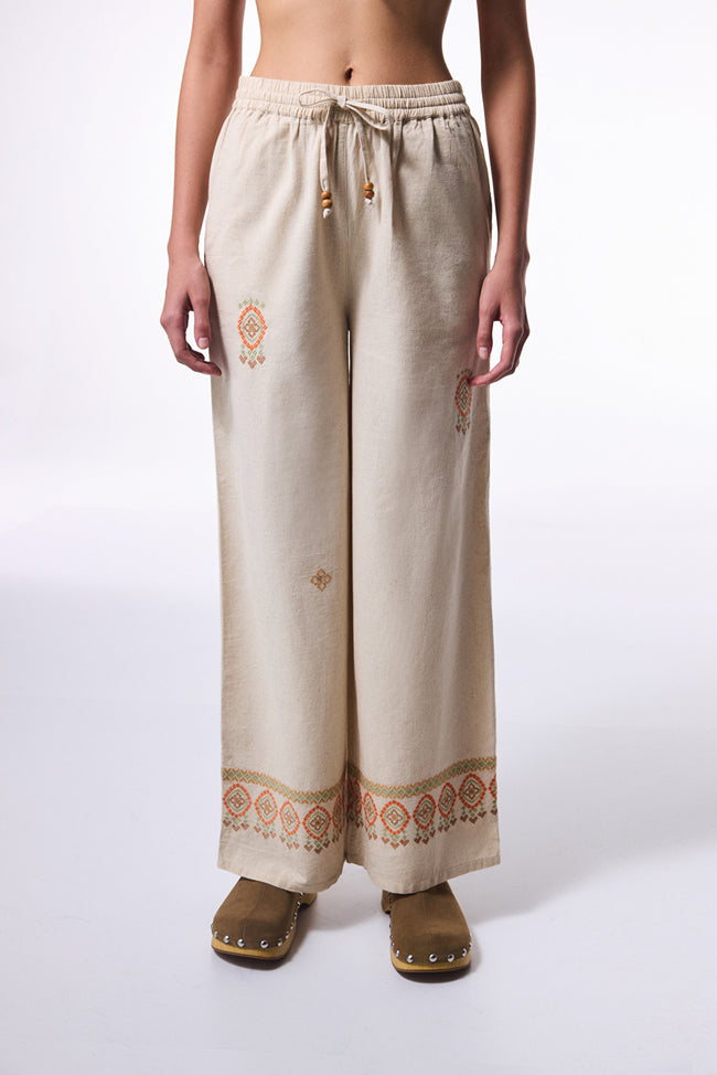 Beige Boho Linen Trousers Hover Image