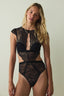 Black Flashy Underwired Lace Short-Sleeved Bodysuit