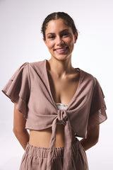 Beige Peek Crinkle Crop Top Shirt