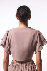 Beige Peek Crinkle Crop Top Shirt