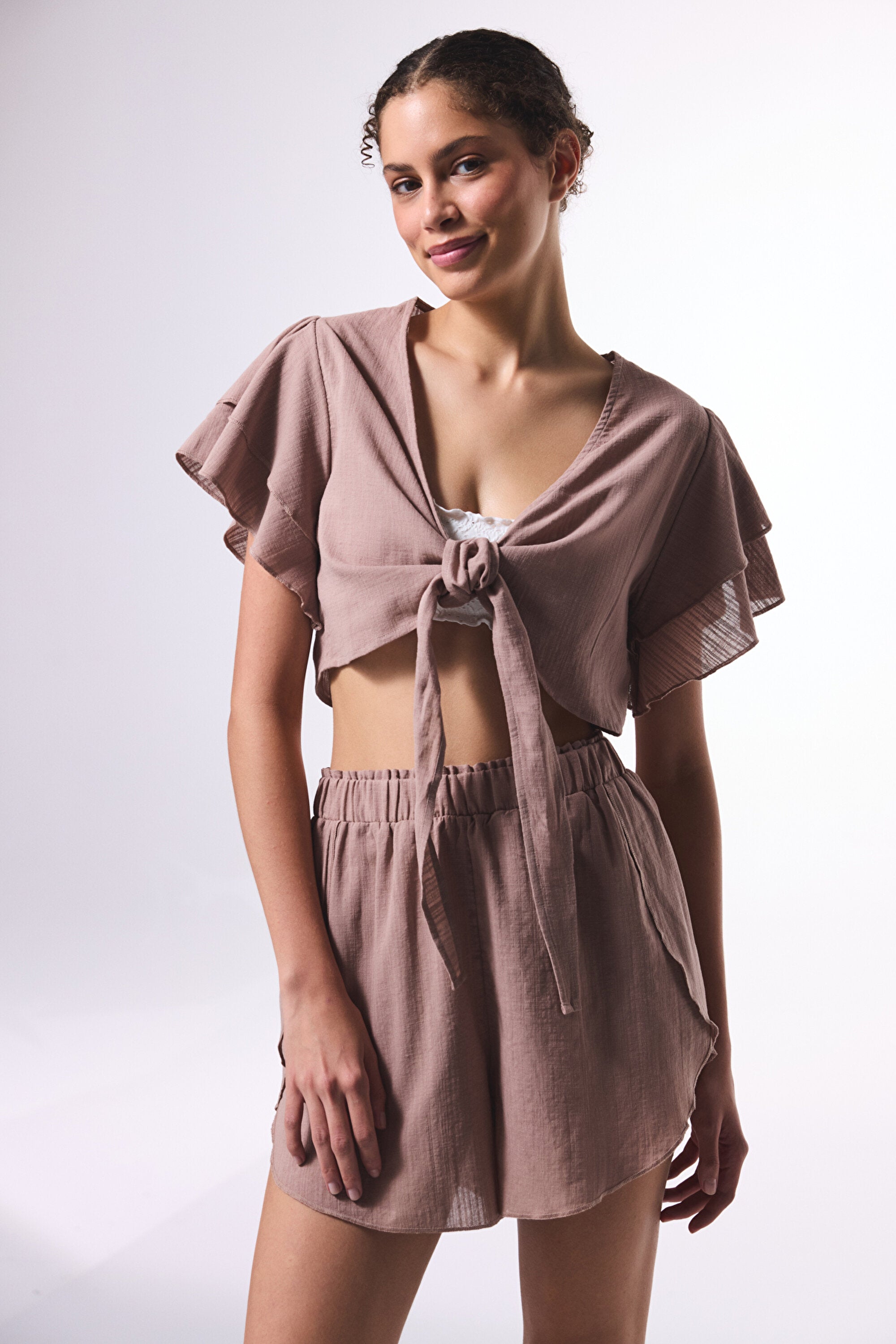 Beige Peek Crinkle Crop Top Shirt