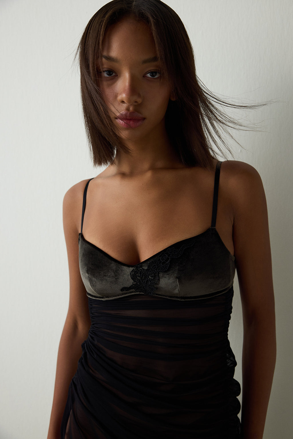 Black Velvet Babydoll with Adjustable Straps and Tulle Details