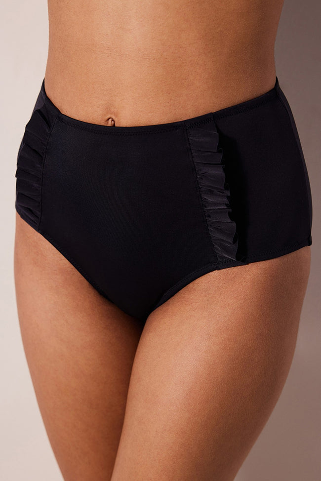 High Ruffle Black Bikini Bottom Hover Image