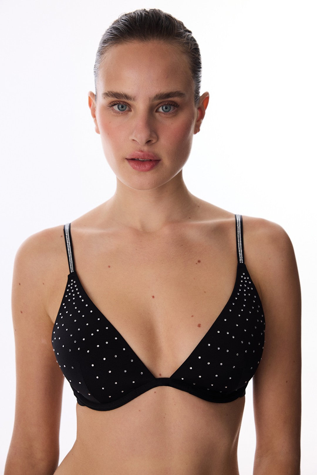 Black Satin Stone Decolte Bra