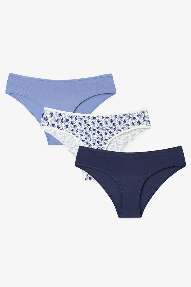 Blue Autumn Leaf Pattern Low Waist 3-Pack Briefs Hover Image