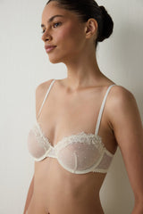 Beige Polka Dot Embroidered Underwire Non-Padded Minimizer Bra