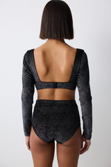 Shinny Velvet Long Sleeve Black Croplet