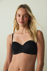 Black Lotus Embroidered Zebra Pattern Strapless Underwired Non-Padded Bra