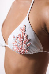 White Pearl Beaded Triangle Bikini Top - Gamze Erçel Collection